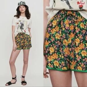MAJE NWT Floral Print Shorts with Green Satin Trim size 36